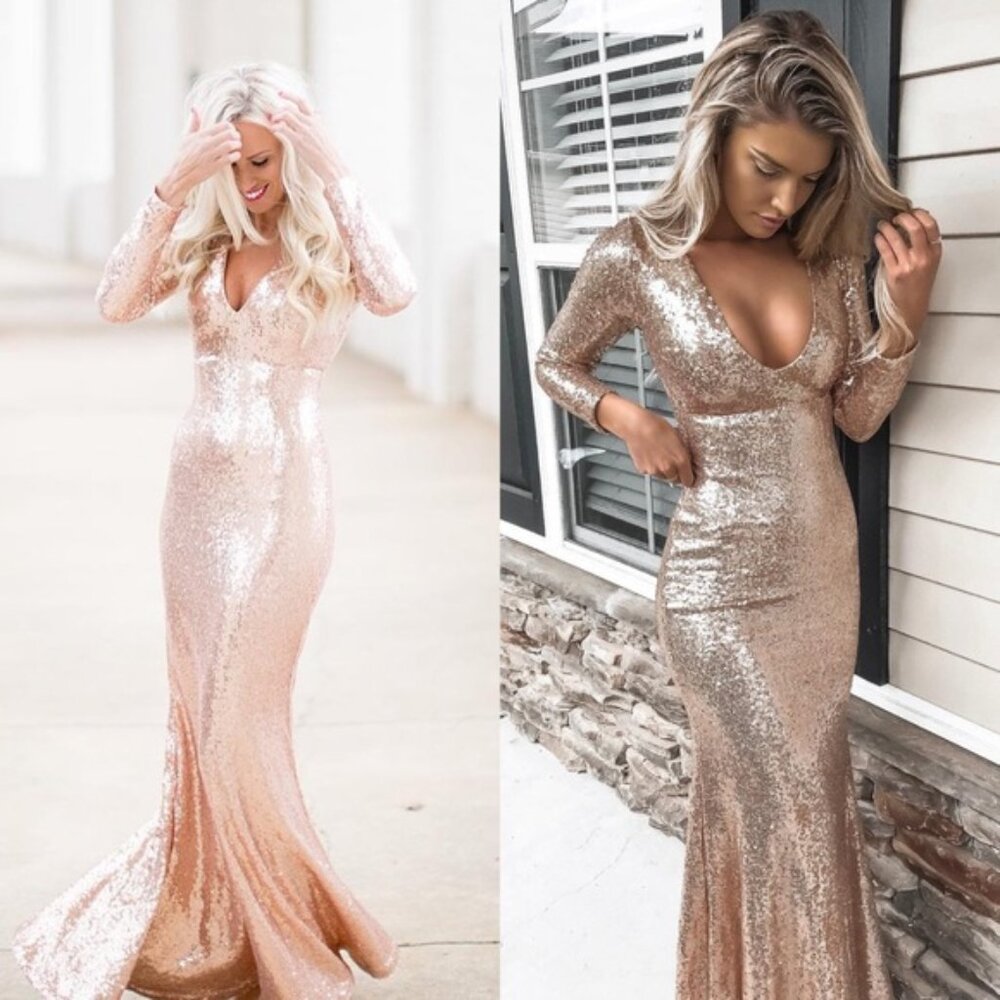 NWT Lulus Capture the Moon Sequin Maxi Dress in Rose Gold sz S